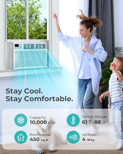 Window AC Unit, 10000 BTU Window Air Conditioner, Cool Rooms up to 450 Sq.Ft., 6-in-1 Modes,24H Timer, Energy Saving, Remote Control, Perfect for Bedroom, Apartment, Living Room, Office