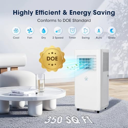 8000BTU Portable Air Conditioners Smart AC Unit with App & Remote Control 3-in-1 Cooling, Dehumidifier, Fan for Rooms up to 350 sq.ft, 24H Timer, White