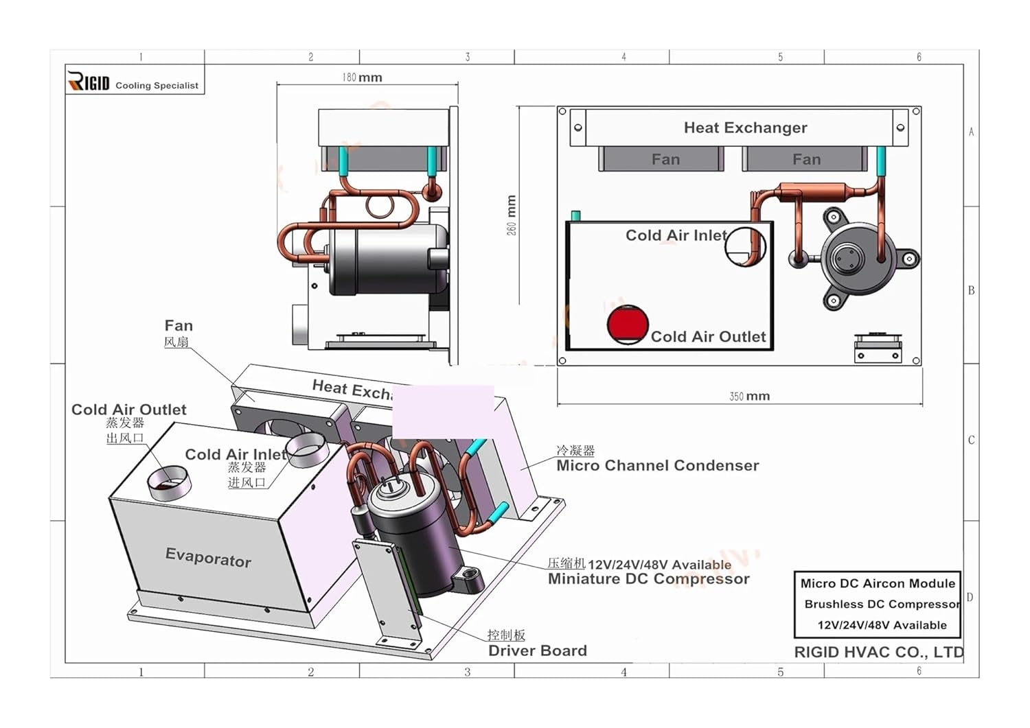 Air Conditioner, Mini DC air Conditioner, 450W Cooling, Suitable for Small Space, Electric Vehicle, car, Cabin, 12V/24V/48V, Low Vibration, Compact Design(Micro DC Aircon DV1930E-AC (48V))