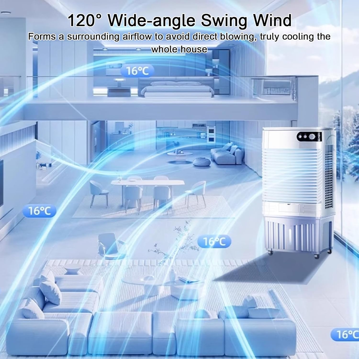 Portable Air Conditioners, Room Cooling 4-in-1, 120° Air Supply, Large Capacity Water Tank, Whole House Cooling, Quiet Operation, for Home, Office(80x42x35cm/31x17x14in)