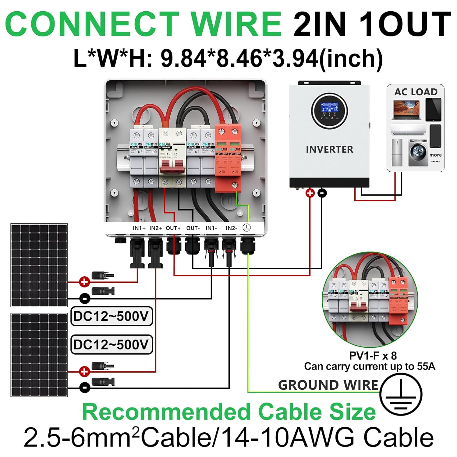 2 String Solar PV Combiner Box with 10pcs Fuse Link 20A IP65 2 in 1 Out DC500V 32A Circuit Breaker with Surge Protector and 15A PV Fuse,Solar Disconnect Switch Outdoor Waterproof for Solar Panels Syst