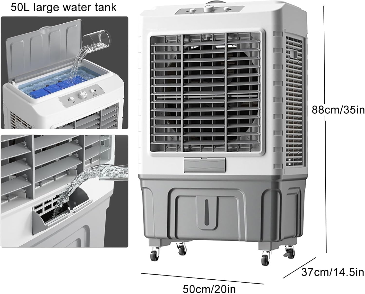 Air Conditioner Fan Evaporative Air Cooler 3 Speeds, with Misting Function, 120° Oscillation Swamp Cooler, for Office, Home, Room, Outdoor(Size:88cm-50L)