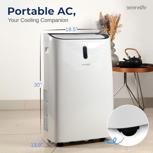 SereneLife 12000 BTU Portable Air Conditioner - 3-in-1 Compact Standing Air Conditioner for Room Up to 380 Sq. Ft. - Floor AC Unit with Remote Control - Universal Casters, Window Mount Kit