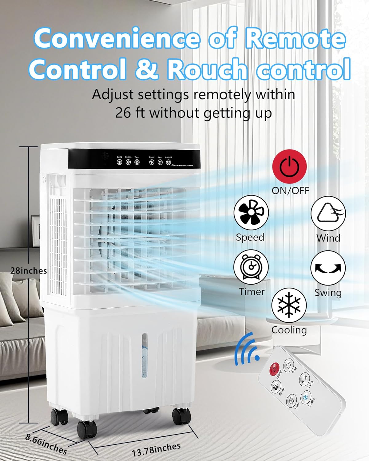 Portable Air Conditioner for Home Office Outdoor, Portable Evaporative Swamp Cooler with 3Gal Water Tank, 120°Oscillation Cooling Fan with Remote 2 Modes, 3 Speeds, 12H Timer & 4 Ice Packs