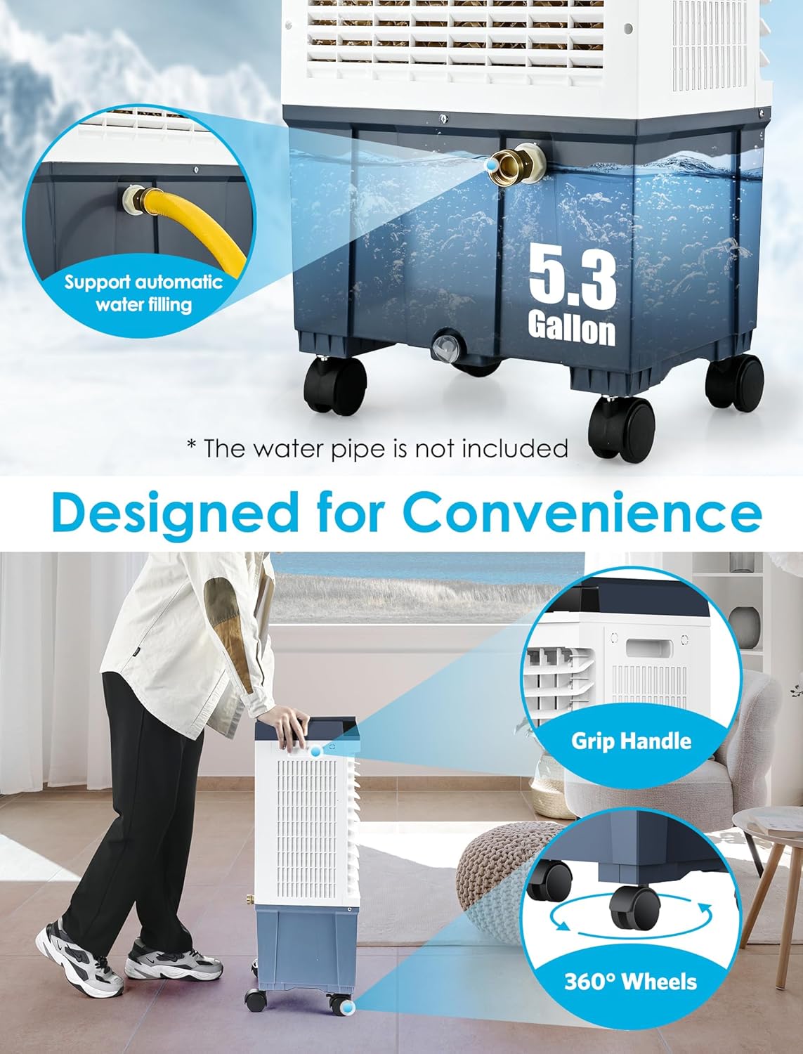 Air Choice Portable Evaporative Air Cooler, 1800 CFM Swamp Cooler with 6 Ice Box & 5.3 Gal Water Tank, 110° Swing, 3 Speeds, Upgraded Remote, 12H Timer, 3-in-1 Air Cooling Fan for Outdoor Indoor, Blue