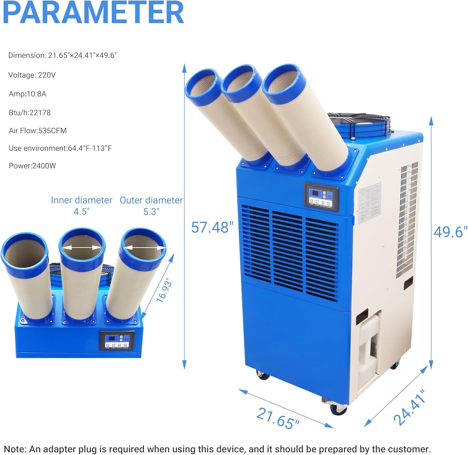 Industrial Air Conditioner 22178BTU/H Industrial Spot Cooler Air Conditioner with 3.7Gal Water Tank Portable Mobile Spot Cooler Three-Duct 2.4KW 220V