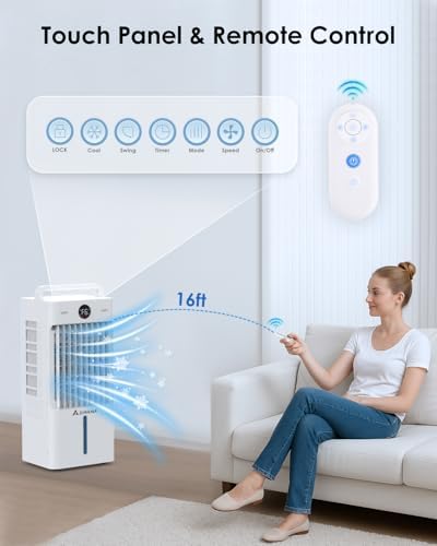 Swamp Cooler, 3-IN-1 Evaporative Air Cooler with Display & Remote, Windowless Portable Air Conditioners with Ice Cooling, 12H Timer, 6 Speeds, 60° Oscillation, Air Cooler Fan for Home Office