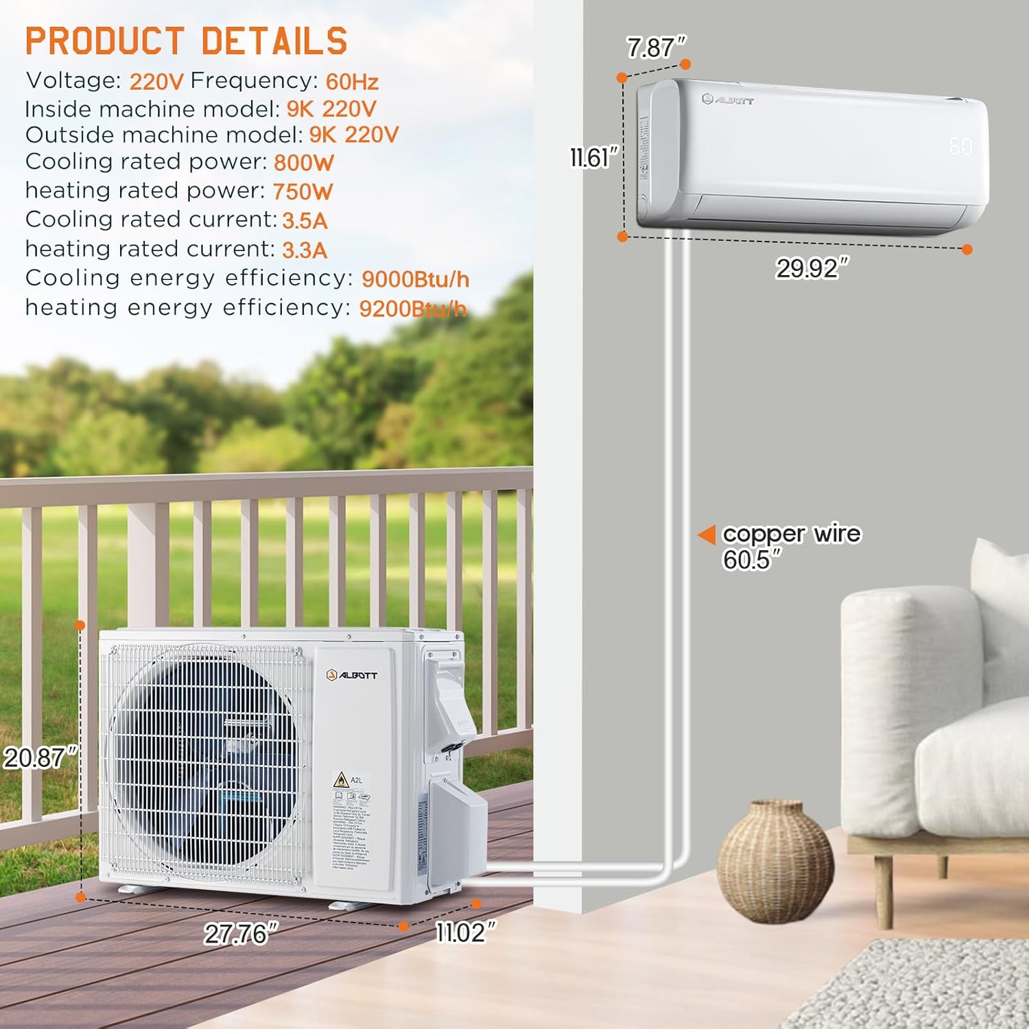 Albott 9000 BTU Mini Split Air Conditioner Heat Pump, Inverter Ductless AC, Cools up to 450 Sq. Ft, Energy-Efficient with Self-Cleaning, SEER2 18.5, 220V