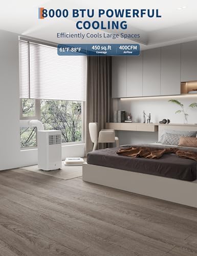 8,000 BTU Portable Air Conditioner, 3-In-1 Ventless Portable Air Conditioner with Dehumidifier, Fan, Room AC Unit Cools Up to 350 Sq.Ft., Auto Swing, 24H Timer, Windows Kit Included, Black Top