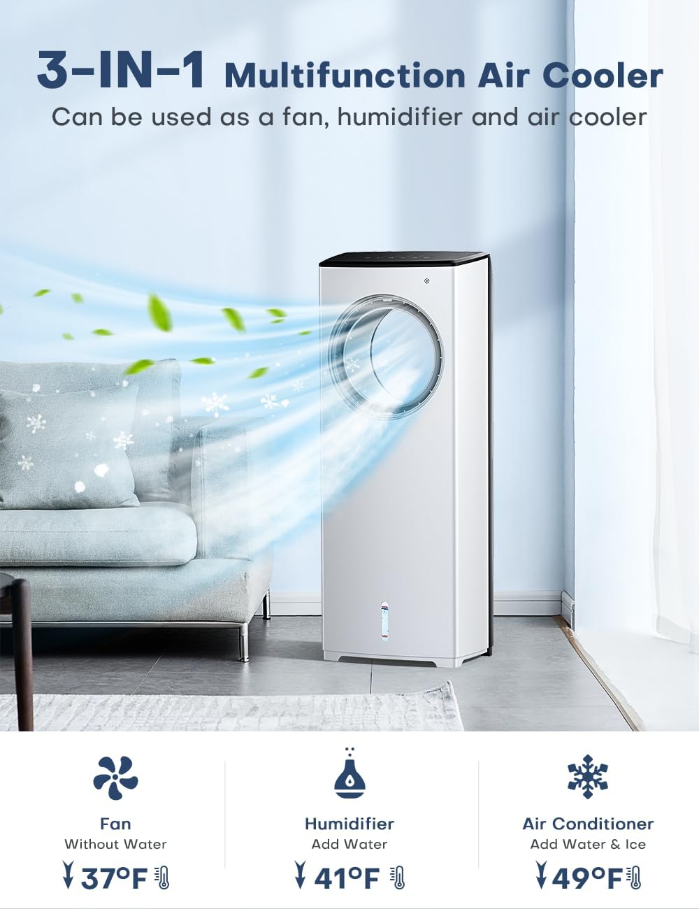 BALKO 3 IN 1 Portable Air Conditioners, 32 INCH Evaporative Air Cooler for Room w/Sleep/Natural/Normal Mode, 3 Speeds, Remote & 1-8H Timer for Auto-Off, 1 Gal Water Tank, Swamp Cooler Bedroom Indoor