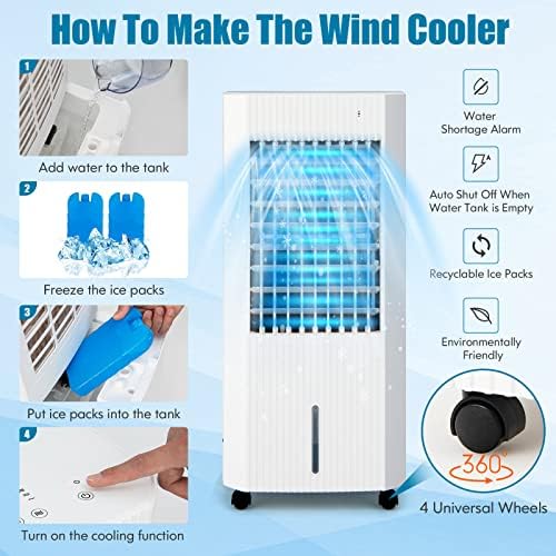LDAILY 3-In-1 Evaporative Air Cooler w/Humidifier & Fan, Portable Rolling Windowless Swamp Cooler w/Remote Control & 2 Iced Boxes, 60° Oscillation Cooling Fan w/ 15H Timer & 1.3 Gal Water Tank