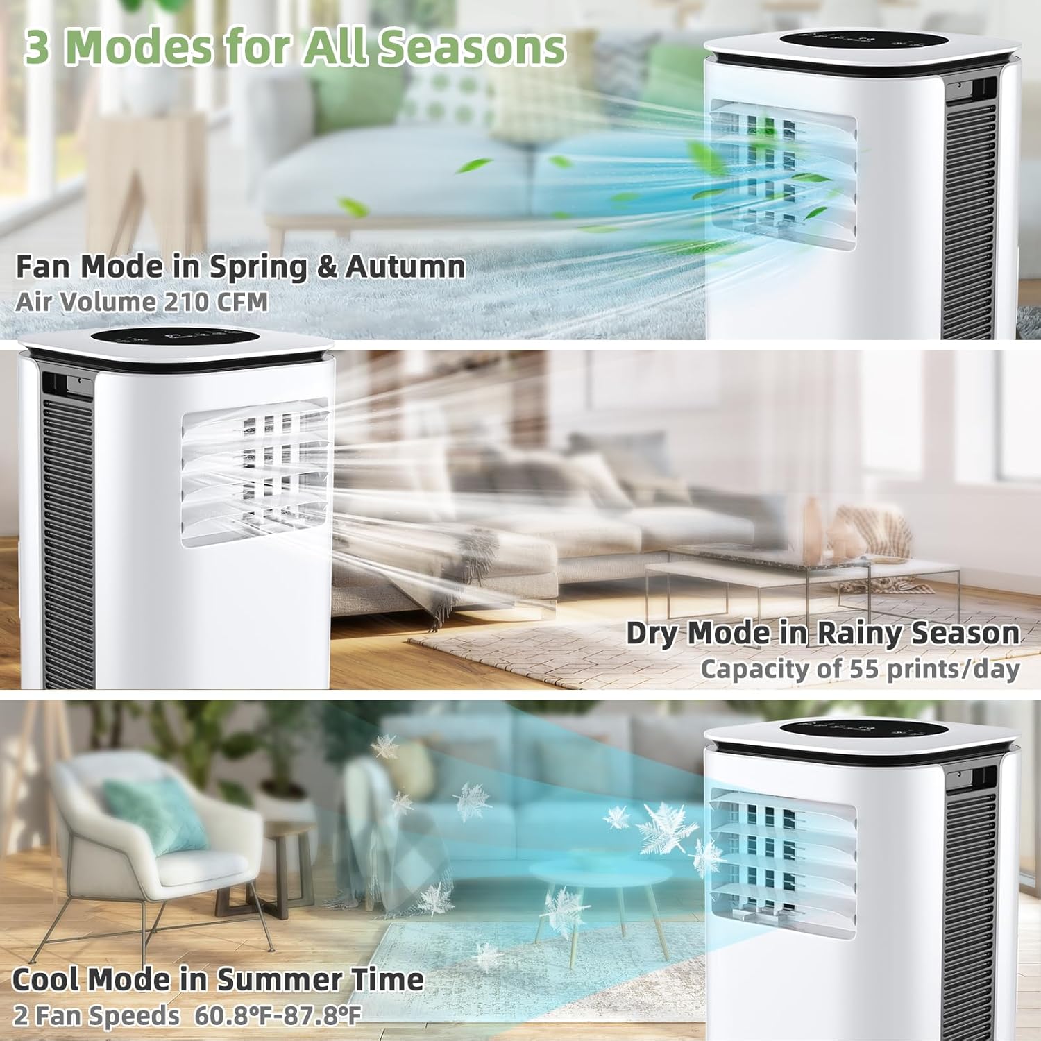 HOMGX 3-in-1 Portable Air Conditioner, 9000BTU Cooling Power, Sleep Mode, 24H Timer, AC Cooling Unit with Touch & Remote Control, Cool Rooms up to 350 sq. ft