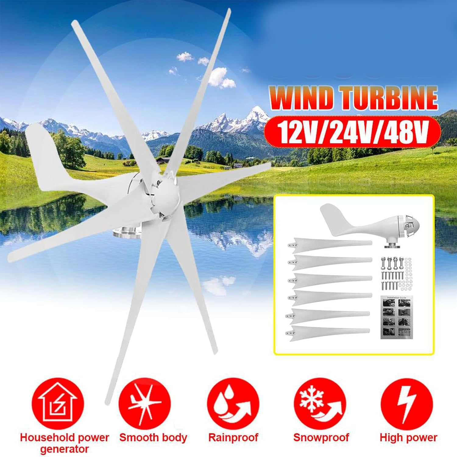 Vertical Wind Turbine, 14000W 12V 24V 48V 6 Blades Low Noise Rotation Wind Turbine Generator for Windmill Home Farm Wind Generator