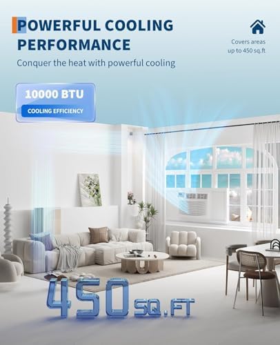 Window Air Conditioner, 10,000 BTU Capacity Covers 450 Sq Ft, Smart Home Compatible with Remote Control and with Wi-Fi Connectivity, Quick Install Window Unit for Bedrooms & Living Spaces