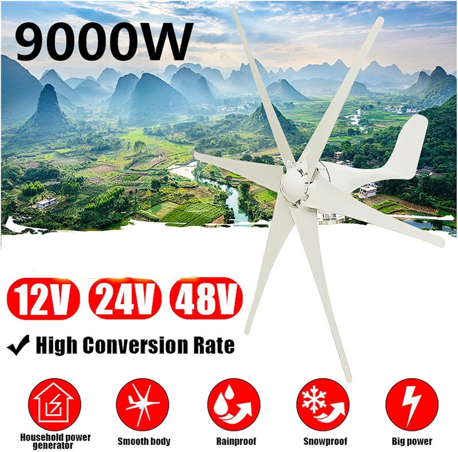 Wind Turbine, 9000W Horizontal Wind Generator 12/24/48V 6 Blades Wind Turbines Generator Windmill Energy Turbines Charge for Home Or Camping(12V)