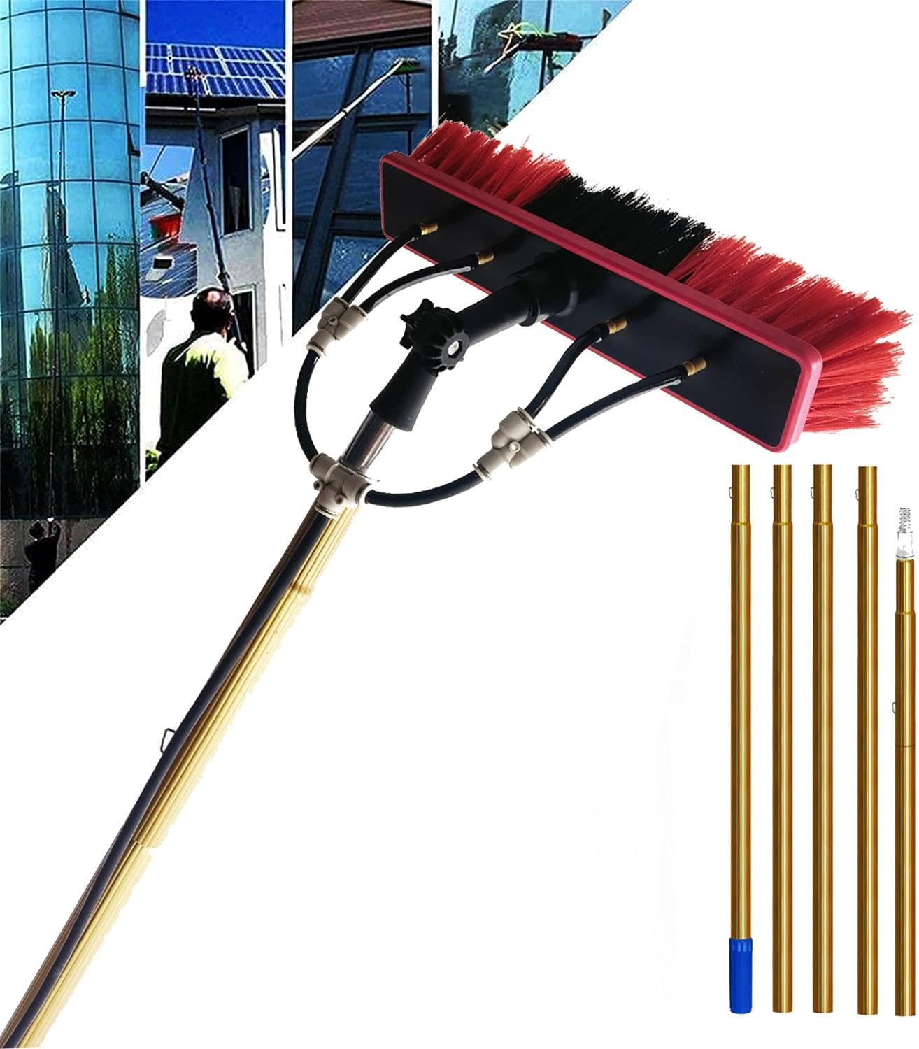 Glass Cleaning Brush Household Water Supply Telescopic Pole Kit Solar Panel Rotating Brush Solar Photovoltaic Panels，9M Telescopic Water Fed Window Cleaning Pole for Photovoltaic a