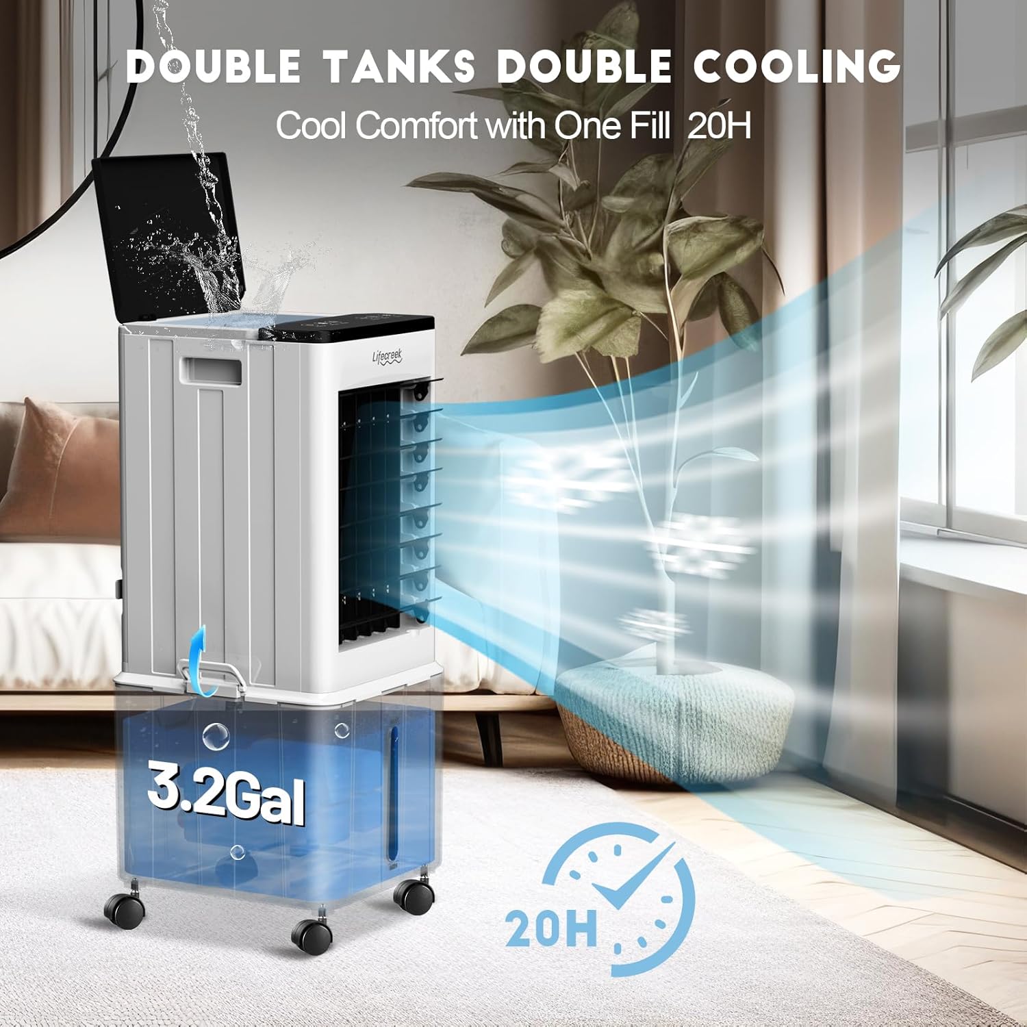 Portable Air Conditioner, 3-IN-1 Evaporative Air Cooler w/3.2Gal Tank, 4 Modes & 3 Speeds, 12H Timer, 6 Ice Packs, Remote Control, Windowless Swamp Cooler for Bedroom,Home,No Hose Needed