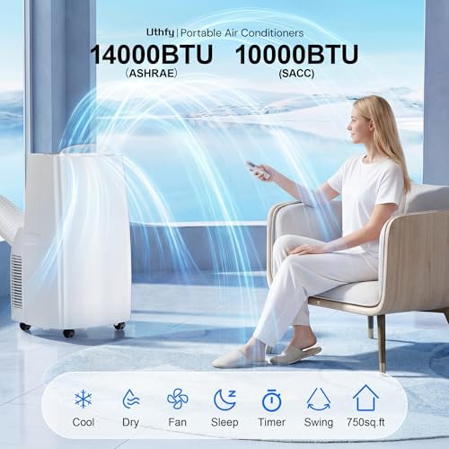 Uthfy 14000BTU Portable Air Conditioners, 4-in-1 Fonction Ac Unit with Cooling, Dehumidifier,Fan and Sleep Mode, Timer Auto-on/off,Cools up to 750 sq.ft, Remote Control, Window kits Included
