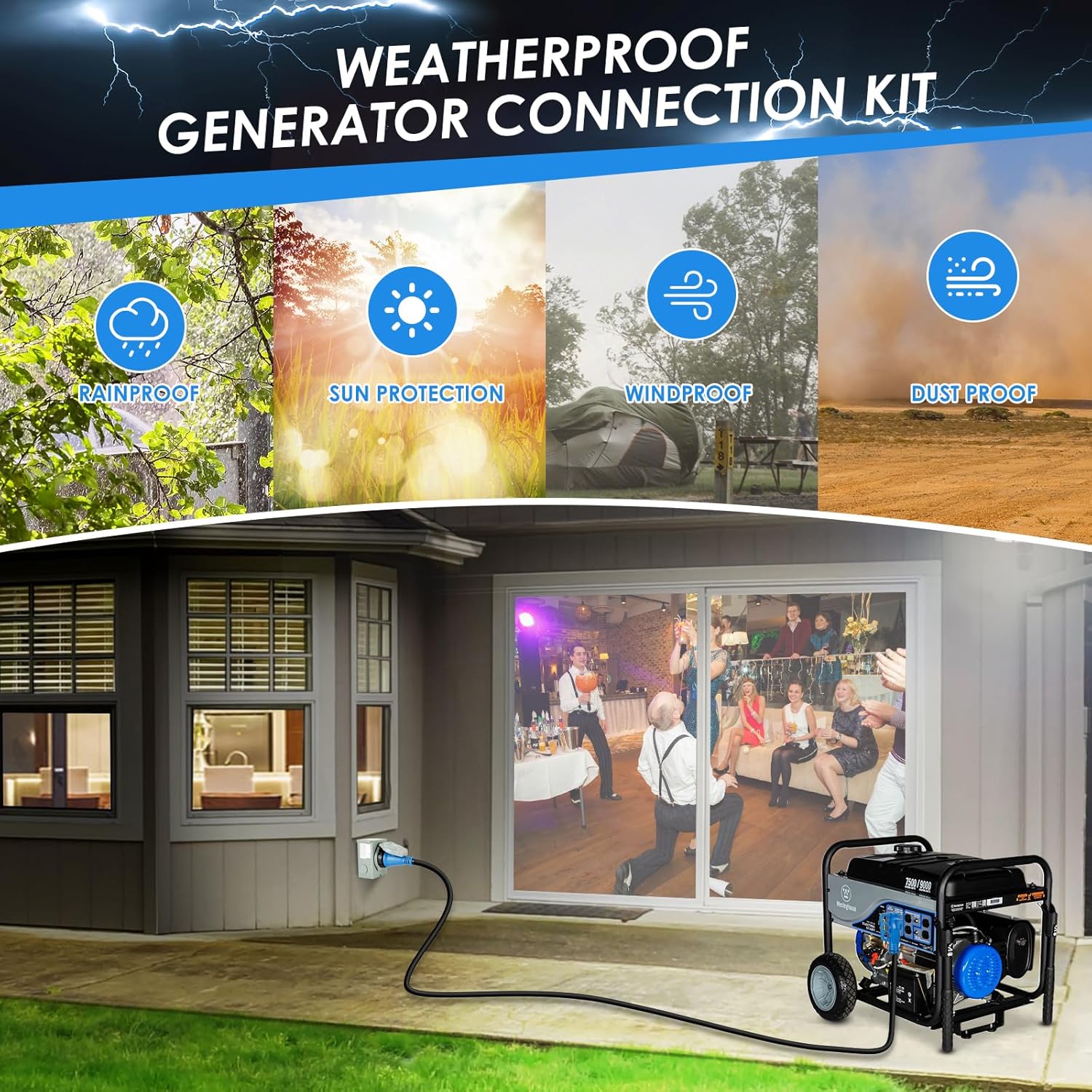 BOYISEN 50 Amp Generator Cord 25FT and Power Inlet Box Combo Kit, 50 Amp Generator Pre-Drilled Inlet Box, NEMA 14-50P to SS2-50R Cord with Adapter Plug and Cable Waterproof Combo Kit, ETL Listed