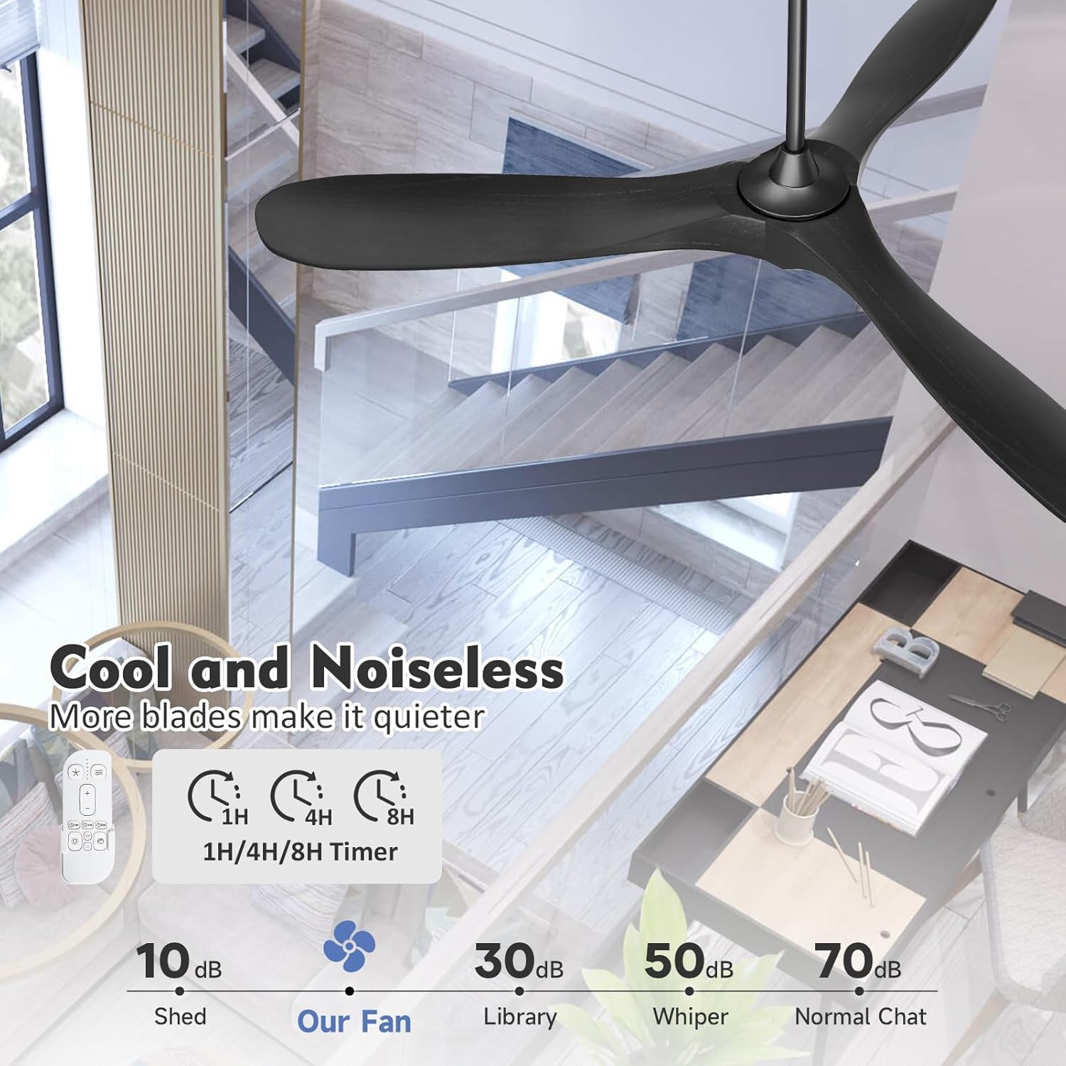 Savey'Sley 60 Inch Outdoor Ceiling Fan with Light, for Patio and Covered Porch - Quiet Energy Efficient DC Motor, 3 Black Wood Blades Rustic Farmhouse Style, Dimmable for Indoor Living Room, Bedroom