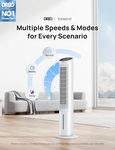 Dreo Evaporative Air Swamp Cooler, 40” Standing Fans that Blow Cold Air, 80° Oscillating Bladeless Cooling Fan for Bedroom, Removable Water Tank, Ice Packs, Remote Control, 4 Speeds, 7H Timer, White