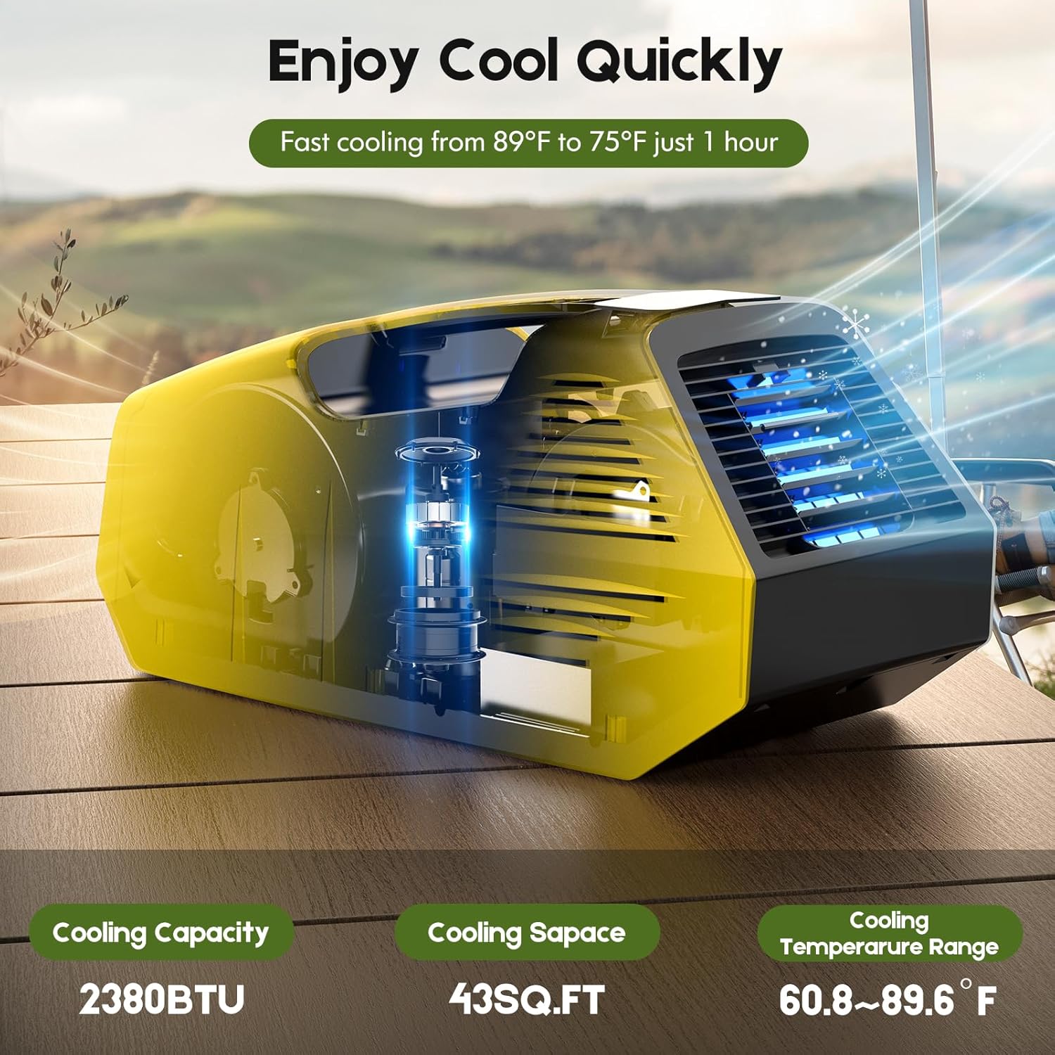 Portable Air Conditioners, 2380BTU Rapid Cooling Outdoor Air Conditioner, 240W Low Power Consumption Camping Air Conditioner for Tent, RV, Truck,Van, Car (Battery Not Included) - Yellow