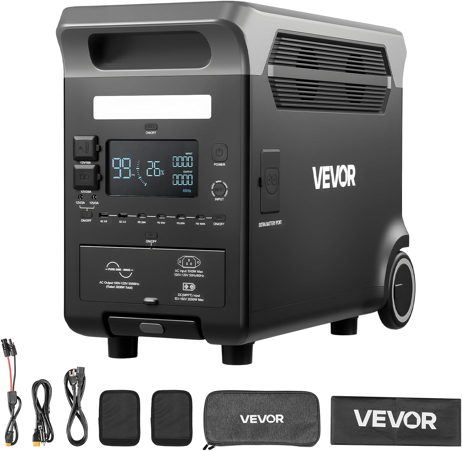 VEVOR Portable Power Station, 3600W 3840Wh Power Station Solar Generator with 10 Output Ports & Adjustable Input Power, Expandable LiFePO4 Battery Backup for Home Camping RV (Solar Panel NOT Included)