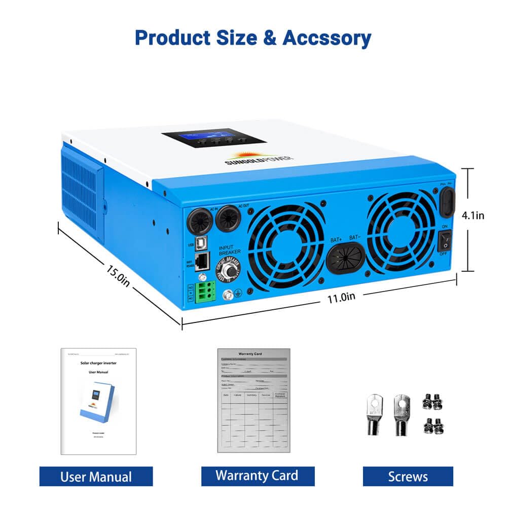 SUNGOLDPOWER 3000W DC 24V Solar Inverter with 60A MPPT Solar Charger (MPPT Voltage Range 30-90Vdc), 40A AC Battery Charger, 120V AC Output,All in One Pure Sine Wave Inverter