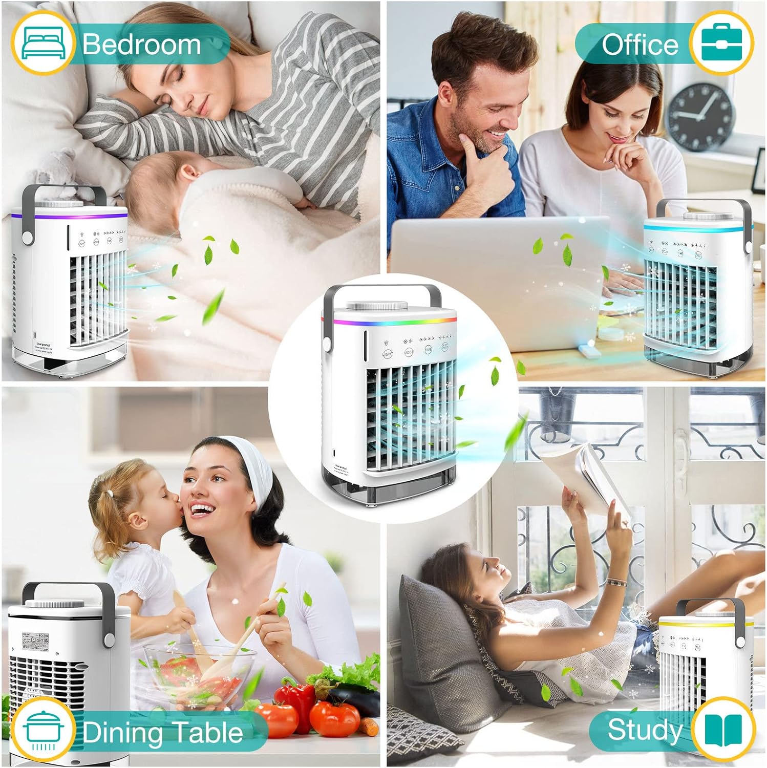 ele ELEOPTION Portable Air Conditioners with 4 Speeds 7 Colors, Mini Ac Unit for Bedroom Air Cooler for Room Car Ac for Outdoor Camping Small Desktop Cooling Fan USB Powered