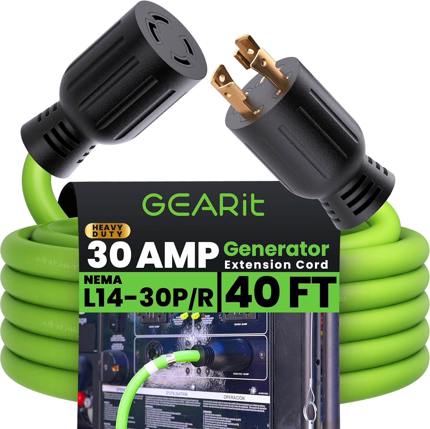 GEARit 30-Amp Generator Extension Cord, 120/250-Volt, 4-Prong, 7500W, NEMA L14-30P/L L14-30R, 10 Gauge SJTW Locking Power Cord for Manual Transfer Switch, Portable Generators, Power, 40 Feet, Green