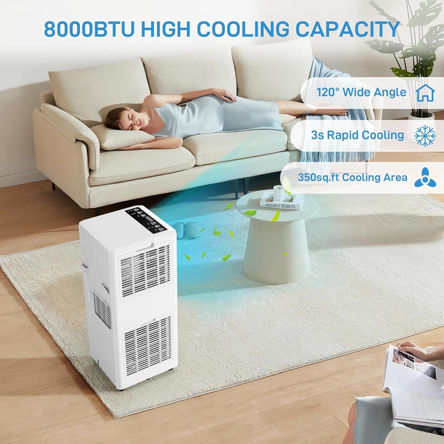 8,000 BTU Portable Air Conditioner - 3-In-1 Cooling Unit with Dehumidifier & Fan for Rooms Up to 350 Sq.Ft, Includes 24H Timer & Casters, Compact AC for Home/Office, White