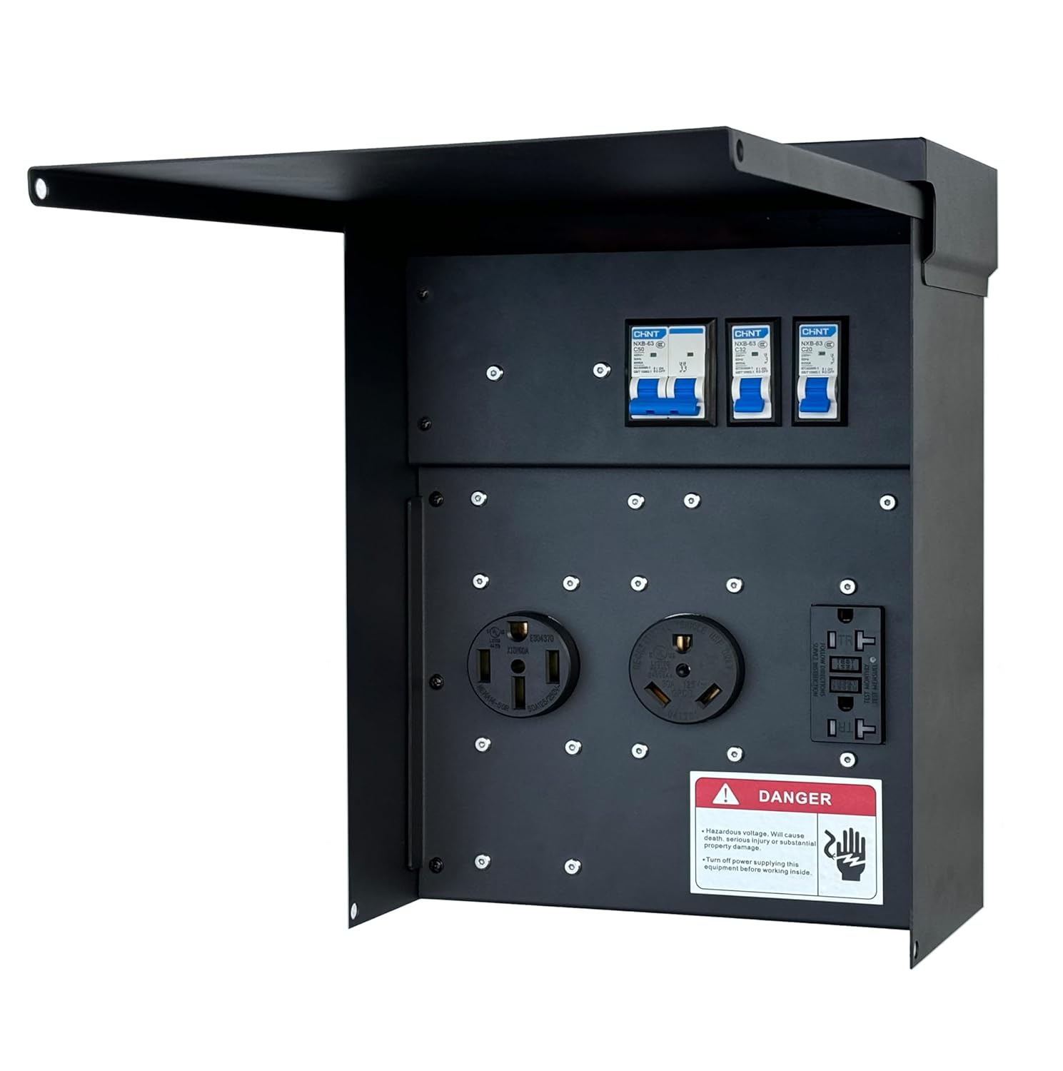Temporary Distribution Box, It has Both 50A and 30A inlets, six 120V CFGI duplexes, one L14-30R Outlet, one L6-30R, and one TT-30R,Safe and Reliable Power on Any Construction site (Black)