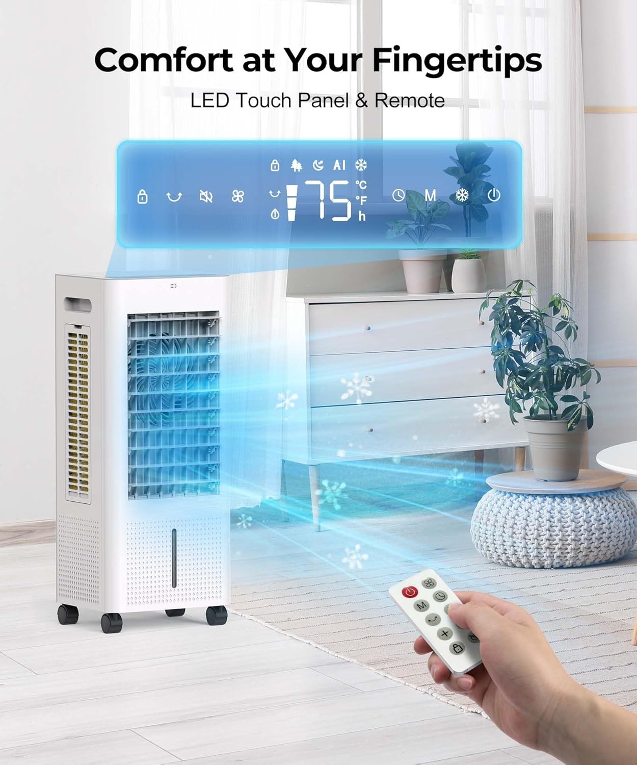 Evaporative Air Cooler with Remote & Timer, 2200+ CFM Portable Fan That Blows Cold Air for Large Room, Home Office, Bedroom - 2.1Gal High-Capacity Tank, 3 Modes, Whisper Quiet 30dB & Sleep Mode