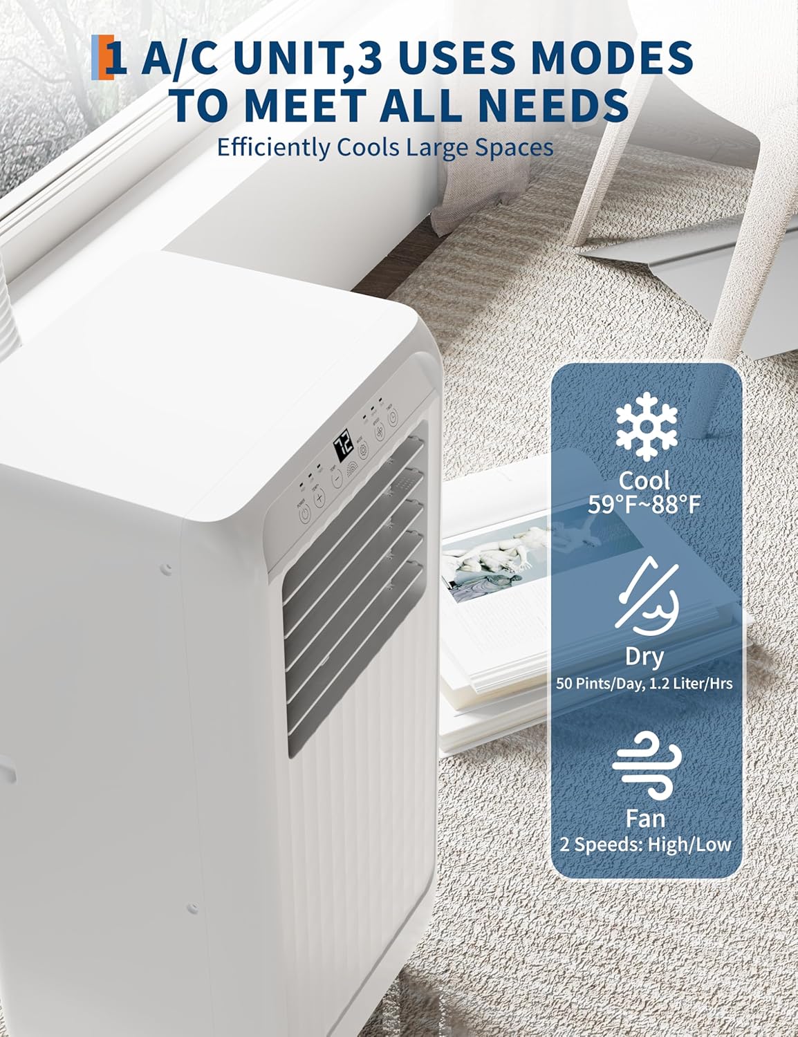8000 BTUs (ASHRAE) / 5000 BTUs (SACC) Portable Air Conditioner – Quiet Room AC with Cooling, 2-Speed Fan, 39 Pints/Day Dehumidification, Remote Control, Timer, for Rooms Up to 350 Sq.Ft.