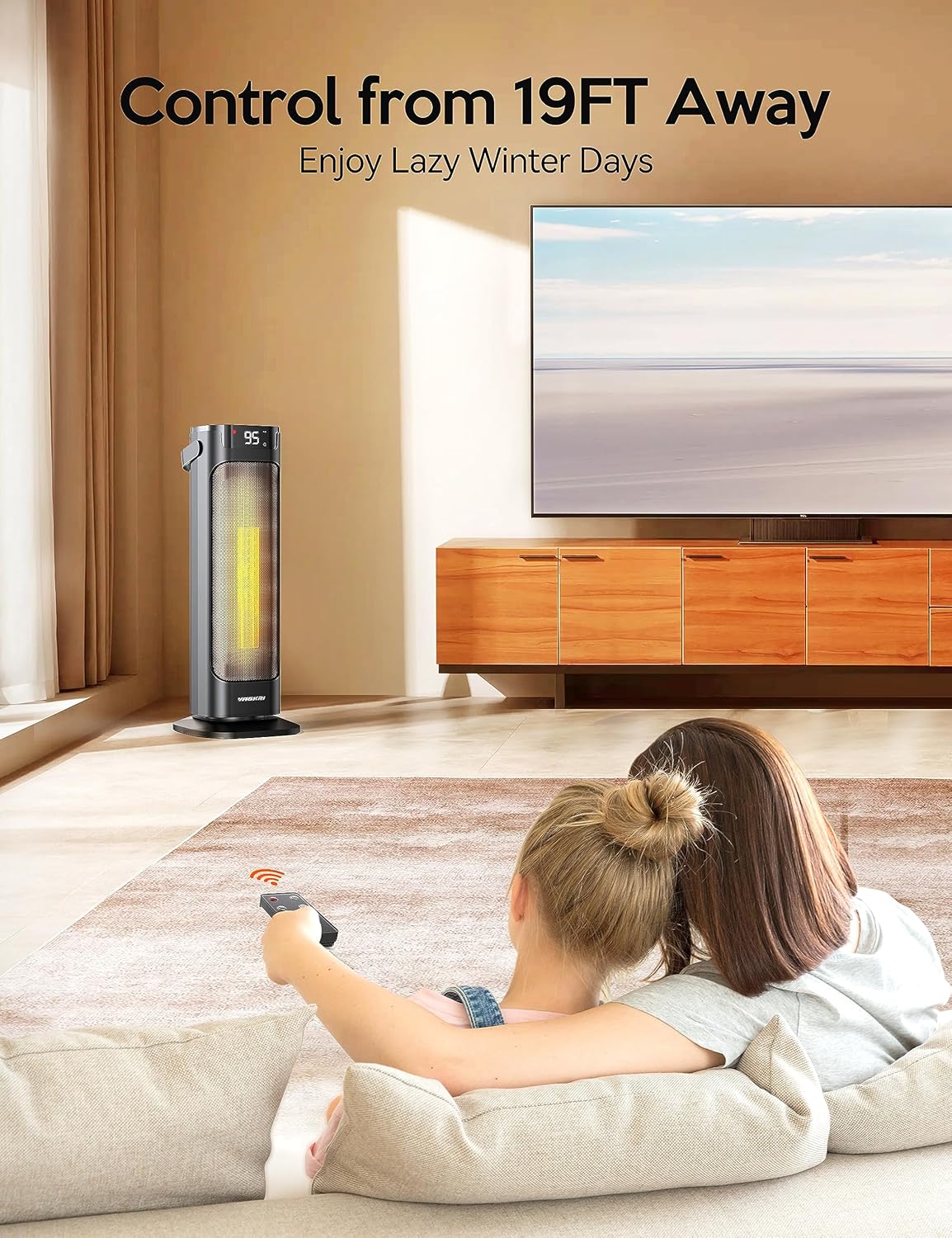 VAGKRI 24-Inch Oscillating Ceramic Tower Space Heater for Home with Remote Control, Adjustable Thermostat, Timer, Overheat, Rollover Protection, and Portable Design for Bedrooms, Offices 1500W Black