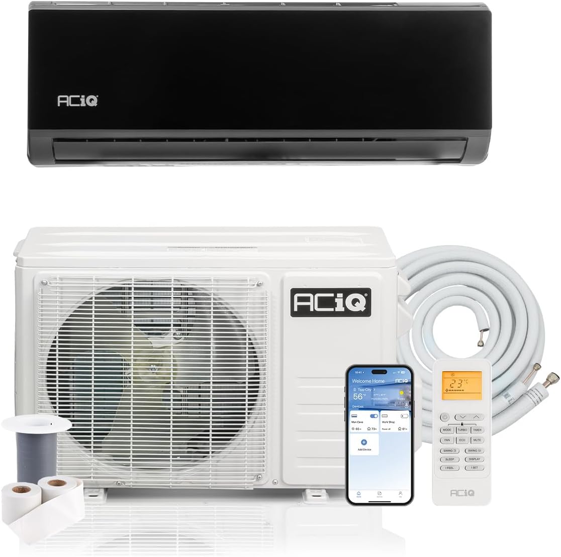 ACiQ 20 SEER2 Essentials 9000 BTU Comfortable Inverter Mini Split AC/Heating System, 0.75 Ton Black Wall Mount Ductless Heat Pump AC Unit, with 16ft Installation Kit | WiFi Control, 208/230V, R454B