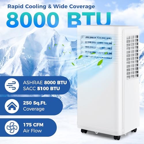 KOTEK Portable Air Conditioners, 8000 BTU Cools up to 250 Sq.Ft, 4-in-1 AC Unit for Bedroom with Dehumidifier, Fan, Cooling Mode & Window Kit, Room Air Conditioner Portable for Home Office (8000BTU)