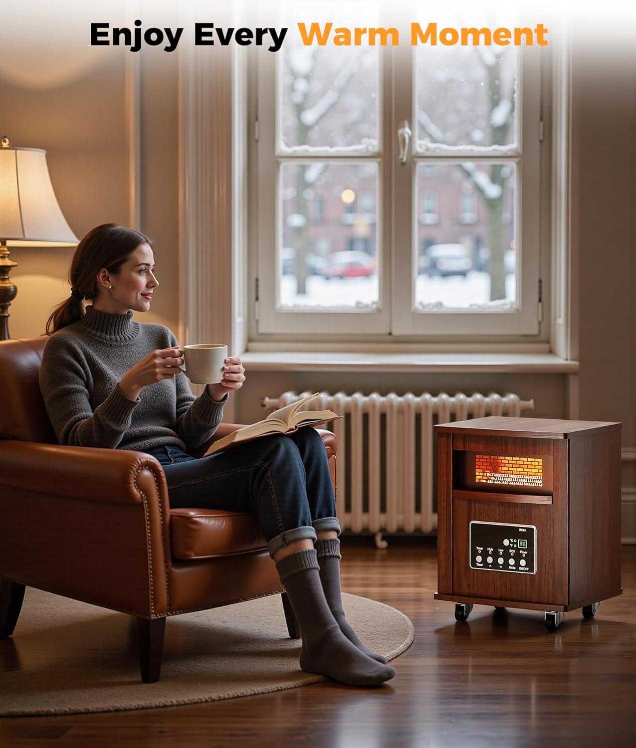 Infrared Space Heater for Indoor Use - 1500W Portable Box Heater with Wood Cabinet, Remote Control & 12H Timer, Quiet Electric Heater with Safety Protection for Bedroom Living Room Office