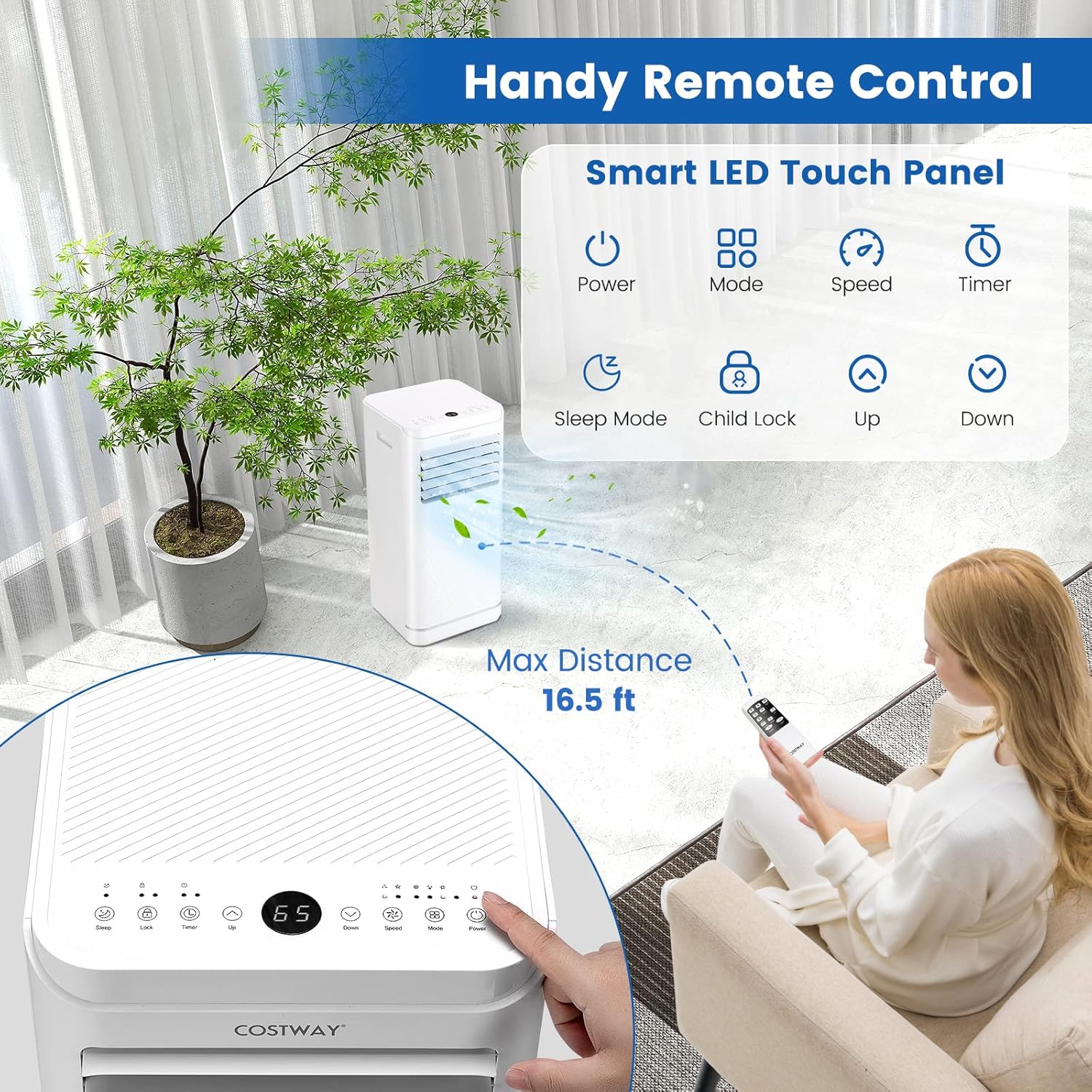 COSTWAY 8000 BTU Portable Air Conditioner, Personal AC Unit with Dehumidifier & Fan Mode, Sleep Mode, 24H Timer, LED Display, Child Lock, Remote Control, Cool Rooms up to 250 Sq.Ft