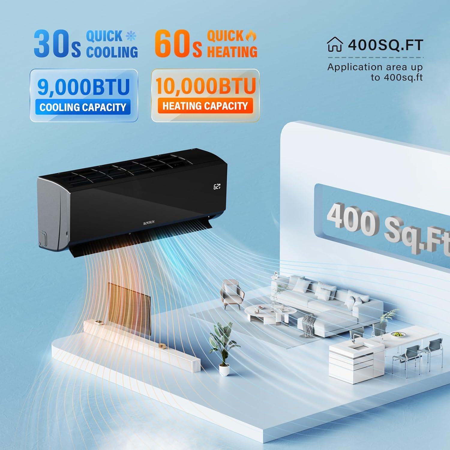 ROVSUN 9000 BTU 19 SEER 115V Energy Saving Ductless Mini Split Inverter Plus System with Heat Pump and Dehumidification, AHRI Certified