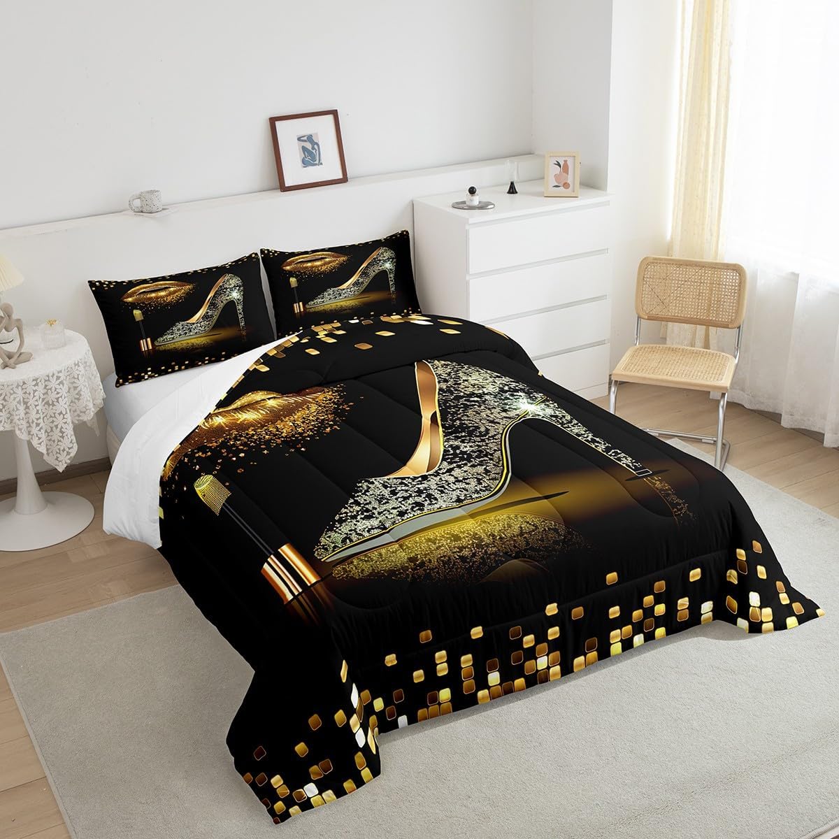 Manfei Gold Glitter Lips Comforter Set King Size, Black Golden High-Heeled Shoes Bedding Set 3pcs for Boys Girls Room Decor, Geometric Grid Quilt Set Fashion Duvet Set with 2 Pillowcases
