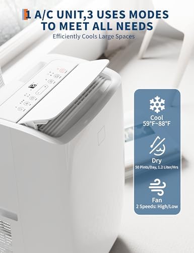 12000 BTU Portable Air Conditioner, 3-in-1 Portable AC Unit with Fan Mode & Dehumidifier, Fast Cooling AC Unit with Remote Control & 24 Timer for Large Room up to 550 Sq.