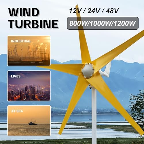 1200W Wind Turbine Generator 12V/24V/48V with MPPT Controller & 5 Yellow Blades - High Efficiency Wind Power for Boats, Cabins, Terraces & Home Use