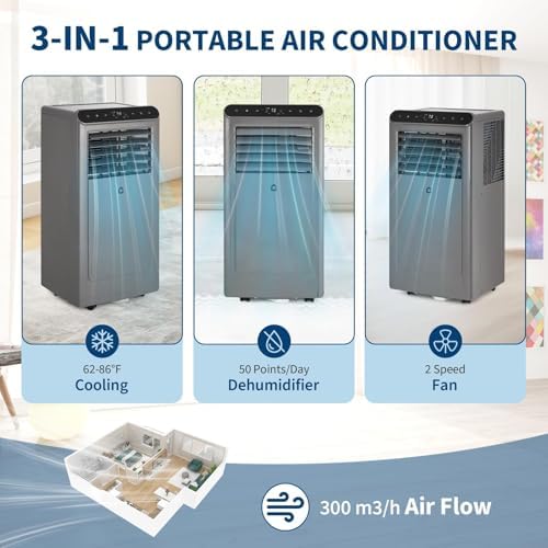 8,000 BTU Portable Air Conditioners, 3-in-1 Portable AC Unit Cools Up to 350 Sq.Ft, Quiet Air Conditioner with Fast Cooling/Energy Saving/Remote Control/24Hrs Timer for Bedroom, Office, Apartments, Gr