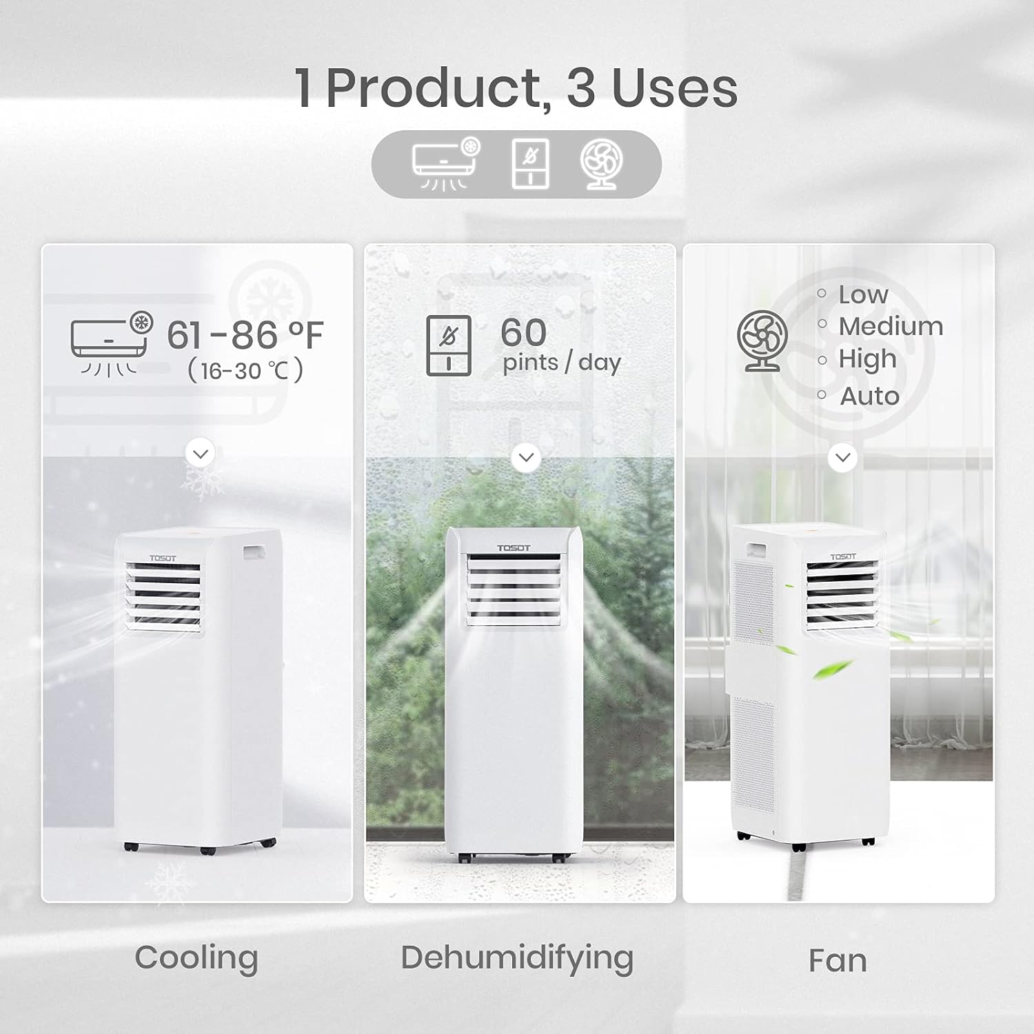 TOSOT 9,500 BTU Air Conditioner, Easy Install, Quiet 3-in-1 Portable AC, Dehumidifier, Fan, 300 Sq Ft, Aovia Series, White