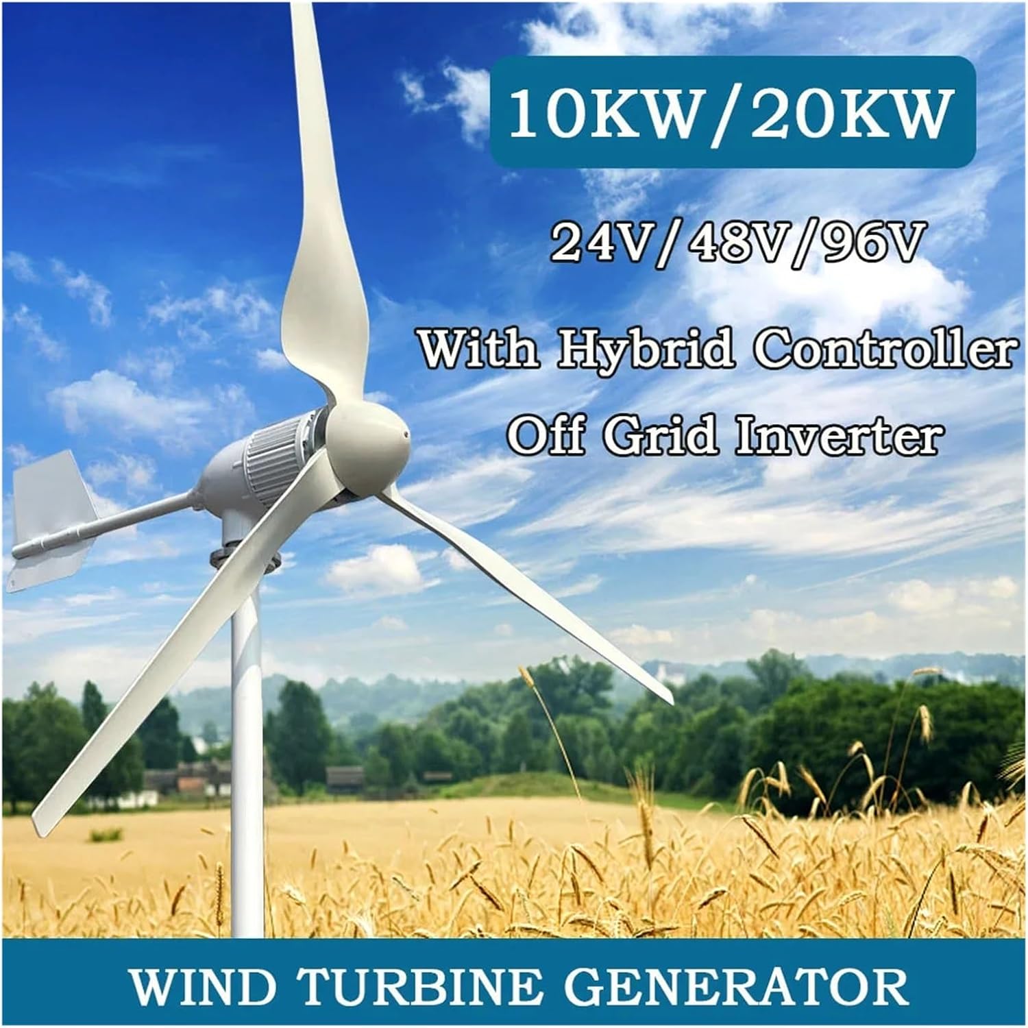 Wind Turbine Generators Kit, 20KW Horizontal Wind Turbine Generator 96V 48V 24V Windmill Strong Power Off Grid Inverter Output for Home Industrial Energy(Hybrid Control,24V_10KW)
