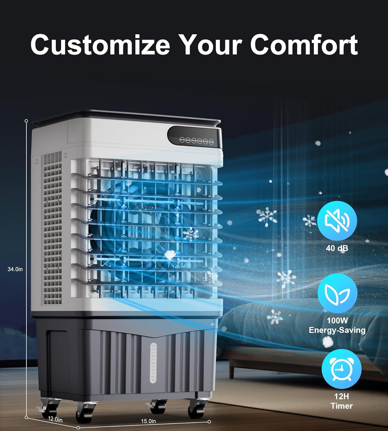 AKIRES 2300CFM Swamp Cooler,Evaporative Air Cooler with 7-Gal Water Tank,4 Ice Packs,Evaporative Cooler for Outdoor Patio Garage Commercial Industrial Use (34IN)