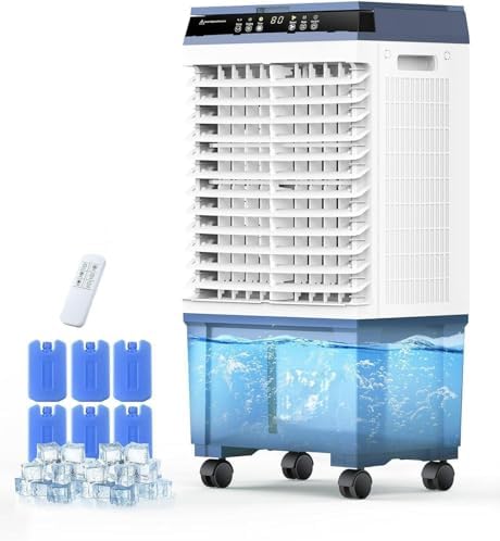 Air Choice Swamp Cooler, 1800 CFM Portable Evaporative Air Cooler with 6 Ice Box & 5.3 Gal Water Tank, 110° Swing, 3 Speeds, Upgraded Remote, 12H Timer, 3-in-1 Air Cooling Fan for Outdoor Indoor, Blue