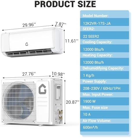 12000 BTU Mini Split Air Conditioner,22 SEER2 Mini Split AC,Cooling/Heating up to 750 Sq.Ft,Smart Ductless Inverter System,WiFi Control,Energy Efficient,ECO Mode,Self-Clean,Include Installation Kit