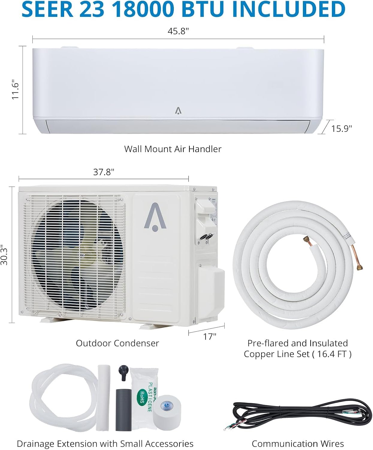 18,000 BTU Ductless Mini Split Air Conditioner & Heater, 23 SEER Inverter AC Unit, Cools & Heats Up to 1,250 Sq. Ft, Wall-Mount Split-System with Heat Pump, Alexa/Compatible, 16Ft Installation